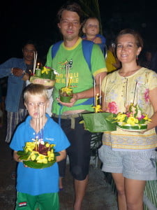 All the family with our homemade Krathongs on our way to the lake.